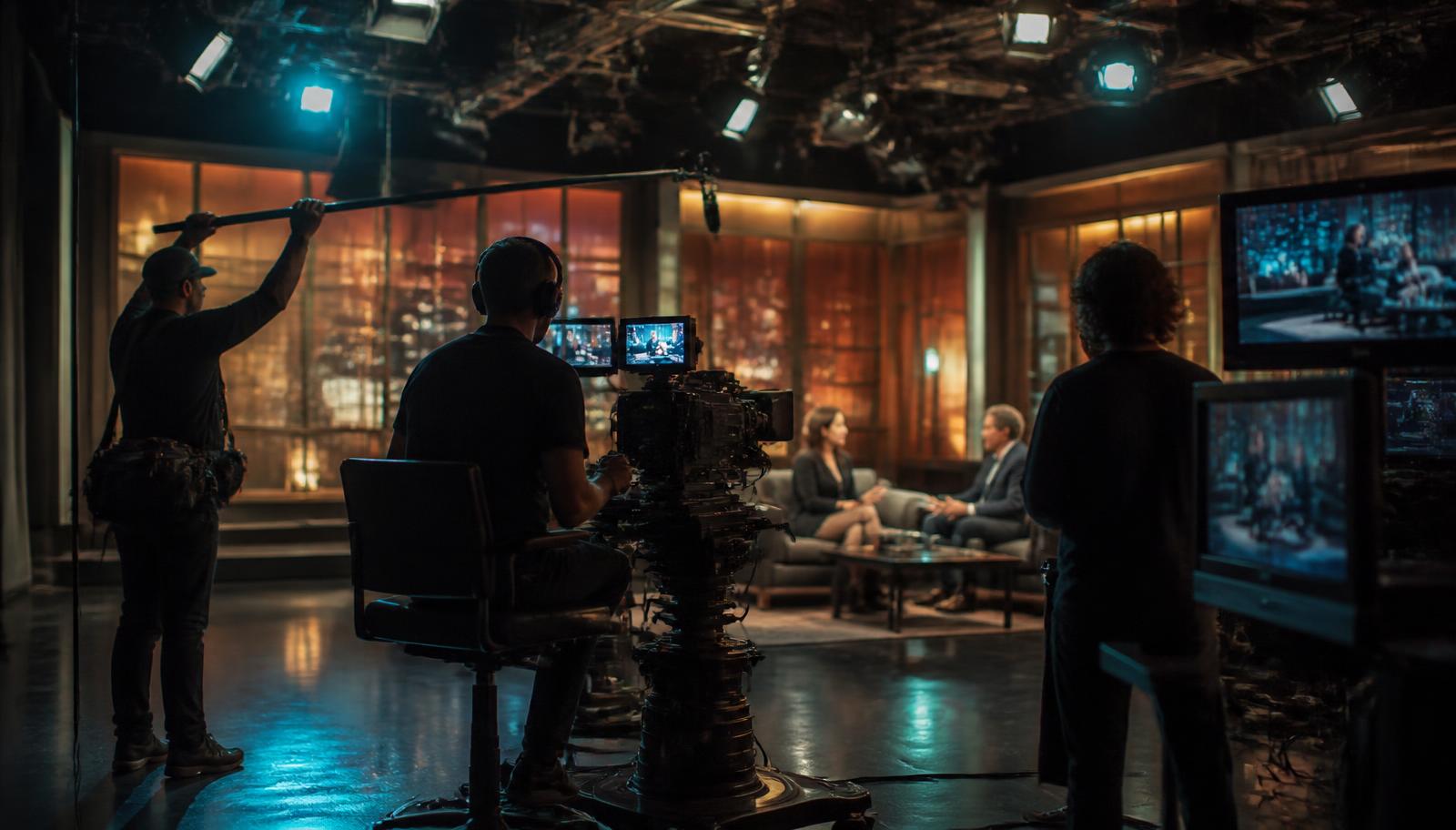 Television crew filming a studio production with camera, lighting rig and monitors